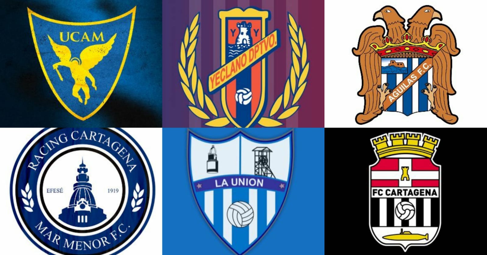 Escudos del UCAM, Yeclano, Águilas, Racing Cartagena, La Unión y FC Cartagena