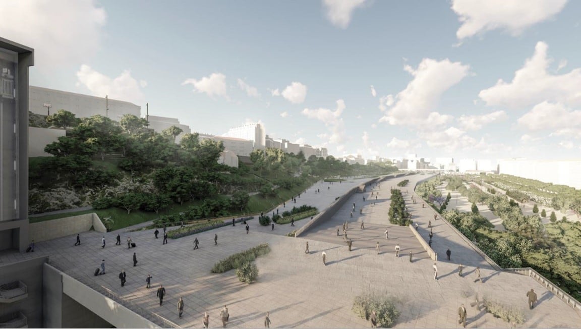 Infografía del resultado final del proyecto de integración ferroviaria en Santander, en el que se muestra el resultado final del actual campo de vías.