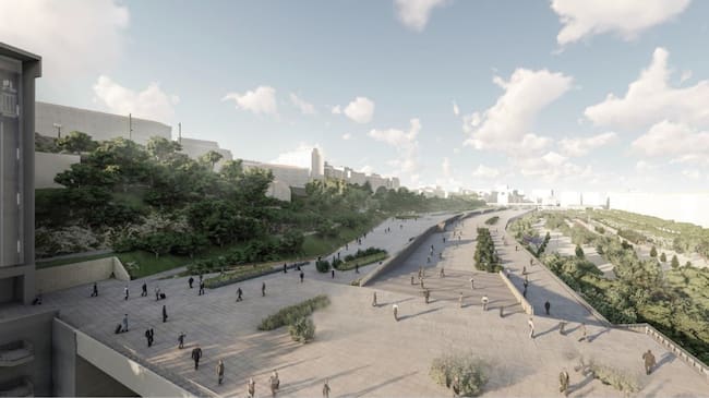 Infografía del resultado final del proyecto de integración ferroviaria en Santander, en el que se muestra el resultado final del actual campo de vías.