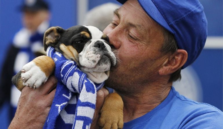 Un aficionado del Leicester celebra la victoria de su equipo en la Premier League.