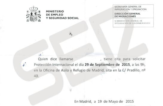 Comprobante de petición de cita para solicitar asilo.