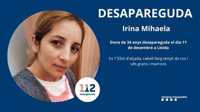 Imatge sobre la desaparició d'Irina Mihaela publicada pels Mossos d'Esquadra