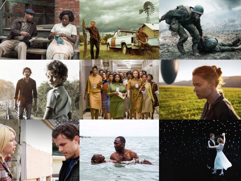 Fotogramas de las nueve películas nominadas al Oscar en 2017, Fences, Comanchería, Hasta el último hombre, Lion, Figuras ocultas, La Llegada, Manchester frente al mar, Moonlight y La La Land. 