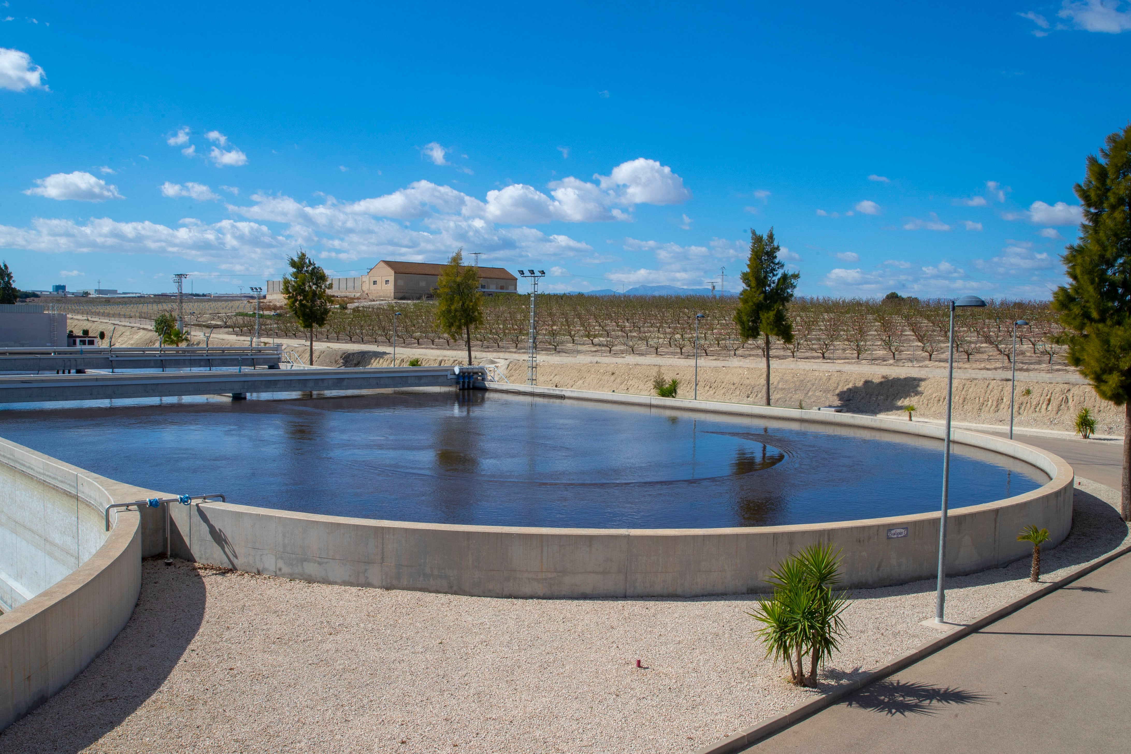 MURCIA, 21/03/2024.- Depósito de aguas residuales donde se aplica un tratamiento biológico para su depuración en la Estación Depuradora de Aguas Residuales (EDAR) del municipio murciano de Alguazas, junto a una finca de melocotoneros regados con agua depurada de esta EDAR. EFE/Marcial Guillén