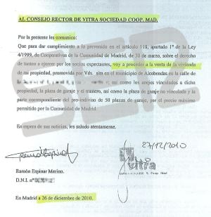 Carta remitida por Ramón Espinar a la promotora Vitra.