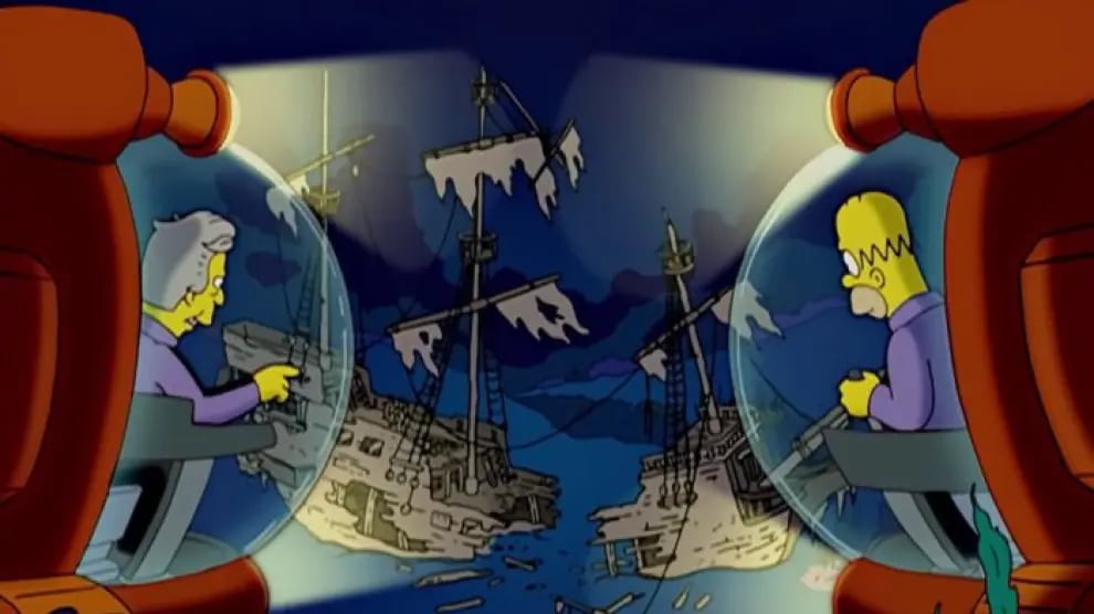 Momento en el que Homer y su presunto padre biológico visitan los restos de un barco hundido