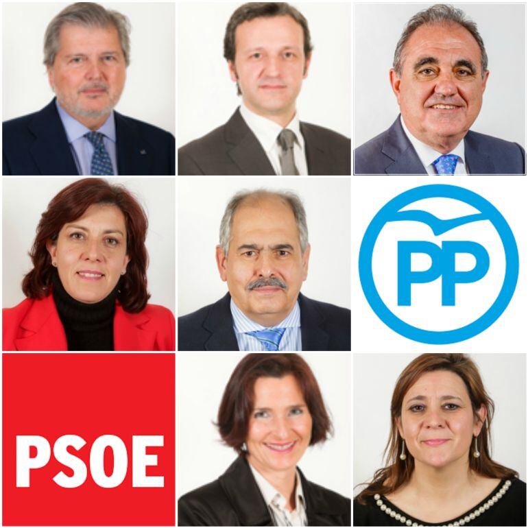 De Izquierda a derecha y de arriba a abajo, Íñigo Méndez de Vigo, Miguel Ángel Paniagua, Antonio Rubio Mielgo, Nuria Simón y Manuel Betegón del PP y María Luz Martínez Seijo y Rosa Aldea del PSOE 