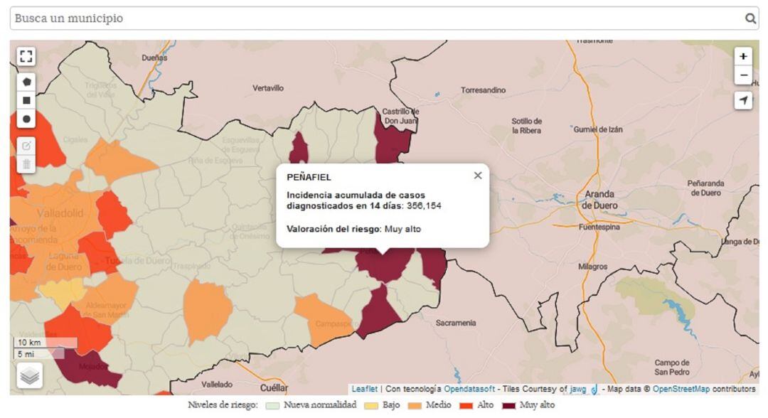 Mapa del Servicio de Epidemiología de la Junta en el que se refleja la actual situación de Peñafiel y comarca.