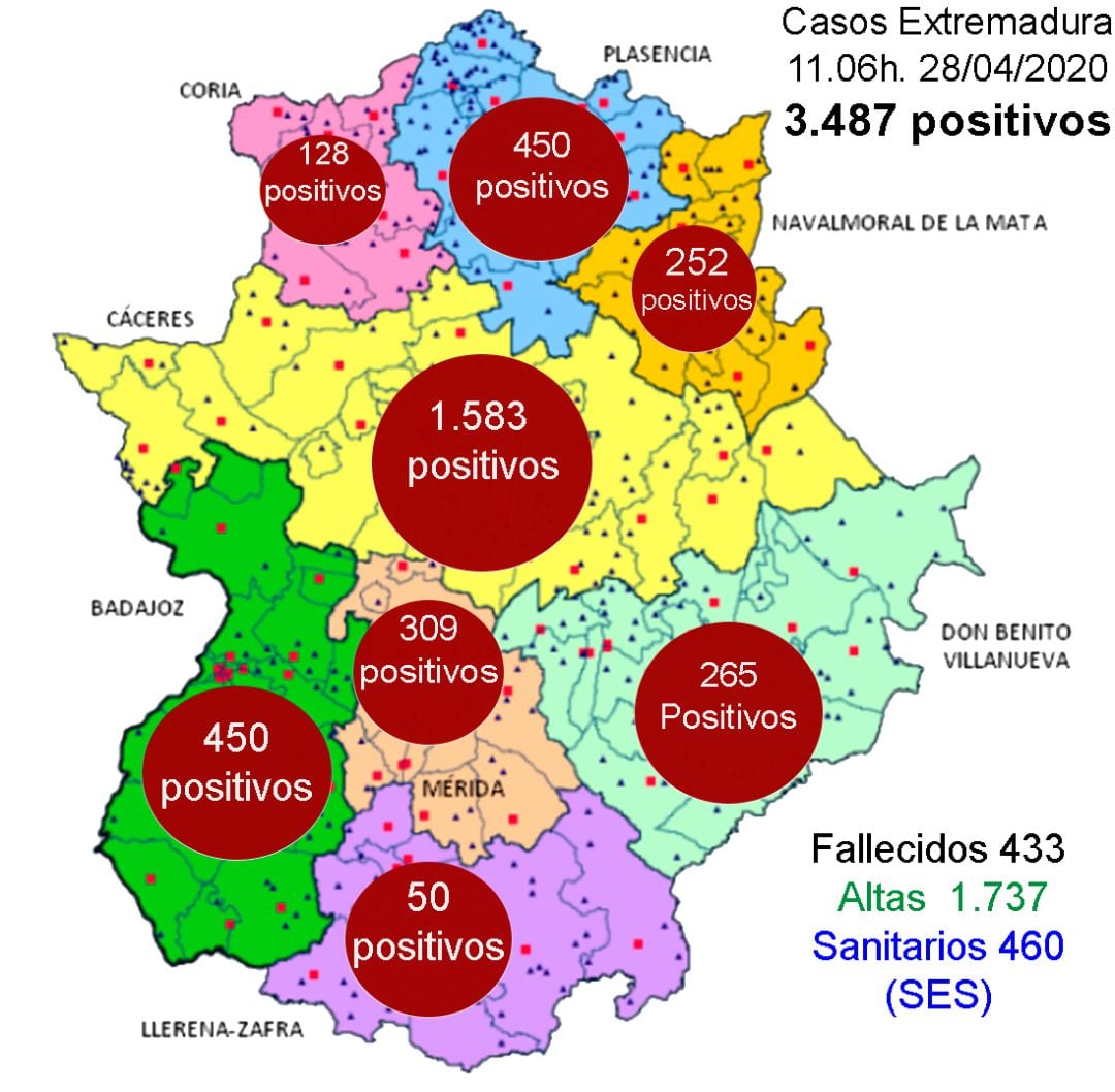 Mapa de las áreas de salud de Extremadura con el número de contagios acumulados en cada una de ellas. 