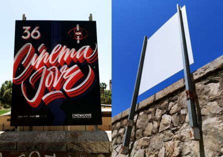 Cartel anunciador de Cinema Jove en el pretil del cauce del Turia