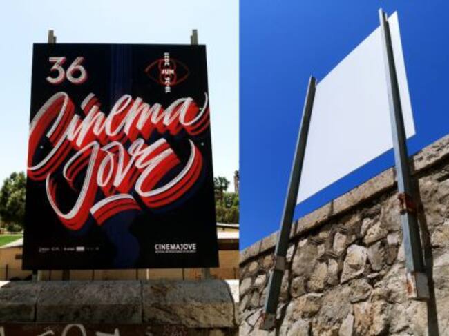 Cartel anunciador de Cinema Jove en el pretil del cauce del Turia