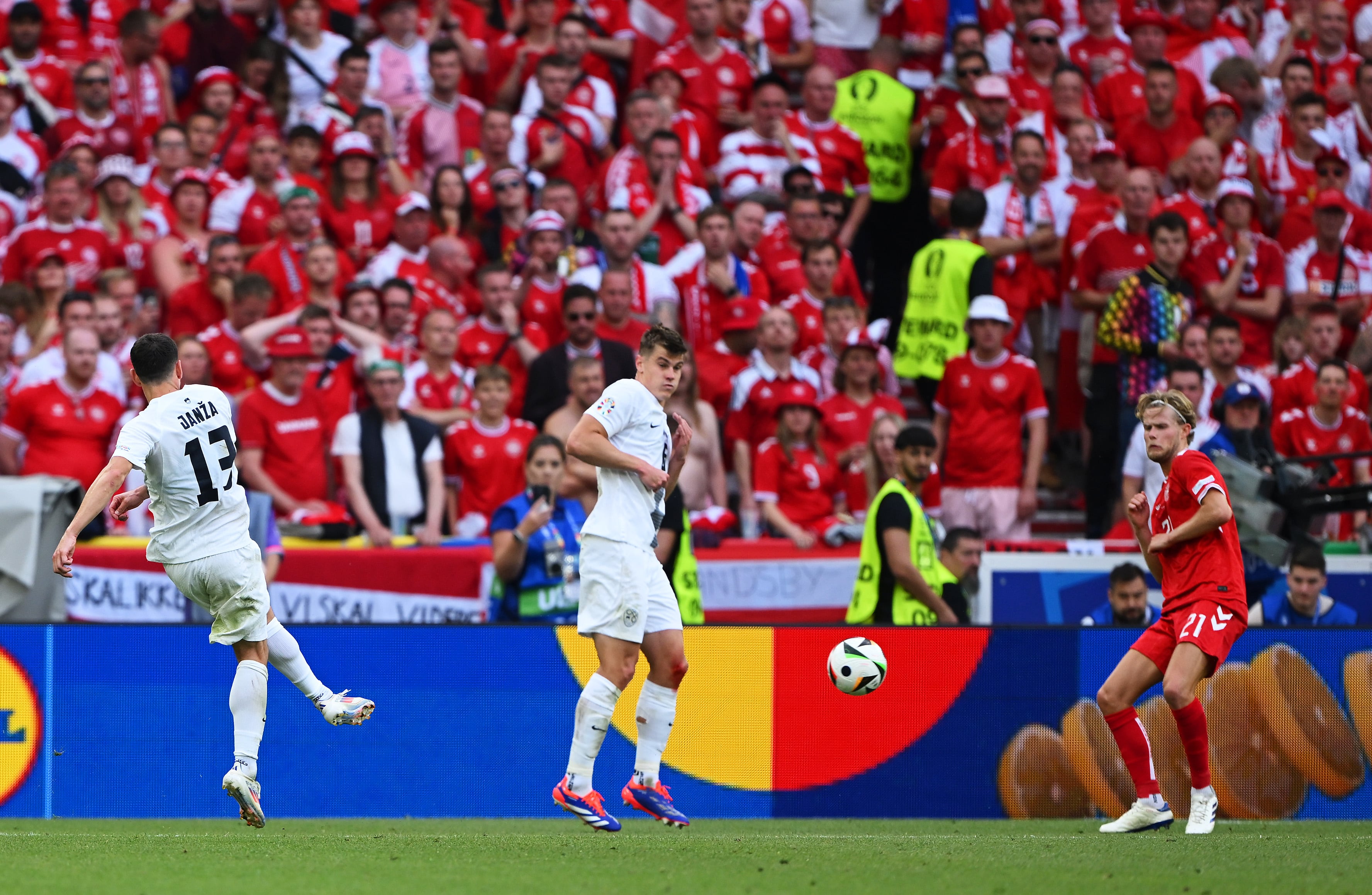 STUTTGART, GERMANY - JUNE 16: Erik Janza of Slovenia scores his team&#039;s first goal to equalise during the UEFA EURO 2024 group stage match between Slovenia and Denmark at Stuttgart Arena on June 16, 2024 in Stuttgart, Germany.   (Photo by Shaun Botterill/Getty Images)