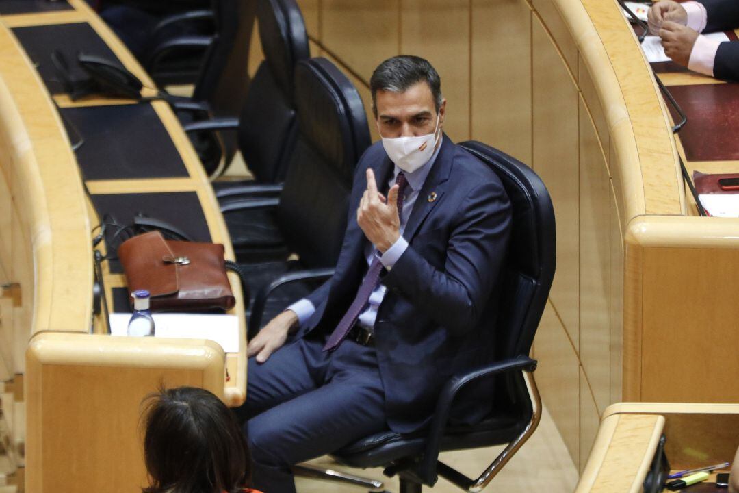El presidente del Gobierno, Pedro Sánchez, sentado en el Senado, antes de intervenir