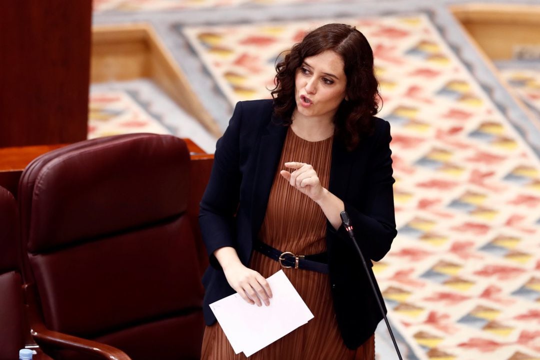 La presidenta de la Comunidad de Madrid, Isabel Díaz Ayuso, durante su intervención en una la sesión de control al Gobierno de este jueves