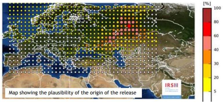 Mapa elaborado por el instituto francés de seguridad nuclear en el que se aprecia la nube de contaminación radiactiva en la zona de los Urales.