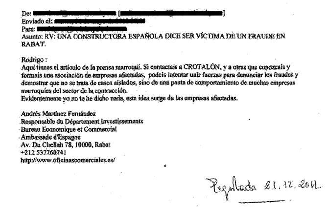 Contestación de la embajada española en Rabat a uno de los empresarios.