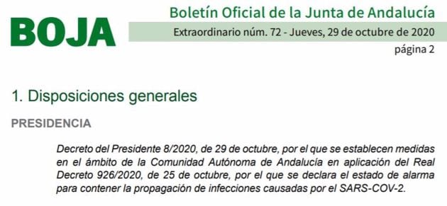 BOJA publicado por la Junta de Andalucía que establece el cierre perimetral de Andalucía