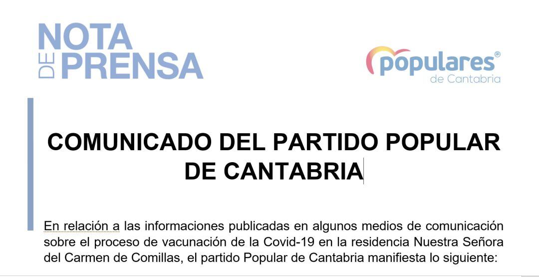 Comunicado remitido por el PP de Cantabria ante la polémica generada por la vacunación presuntamente irregular en una residencia de ancianos de Comillas.