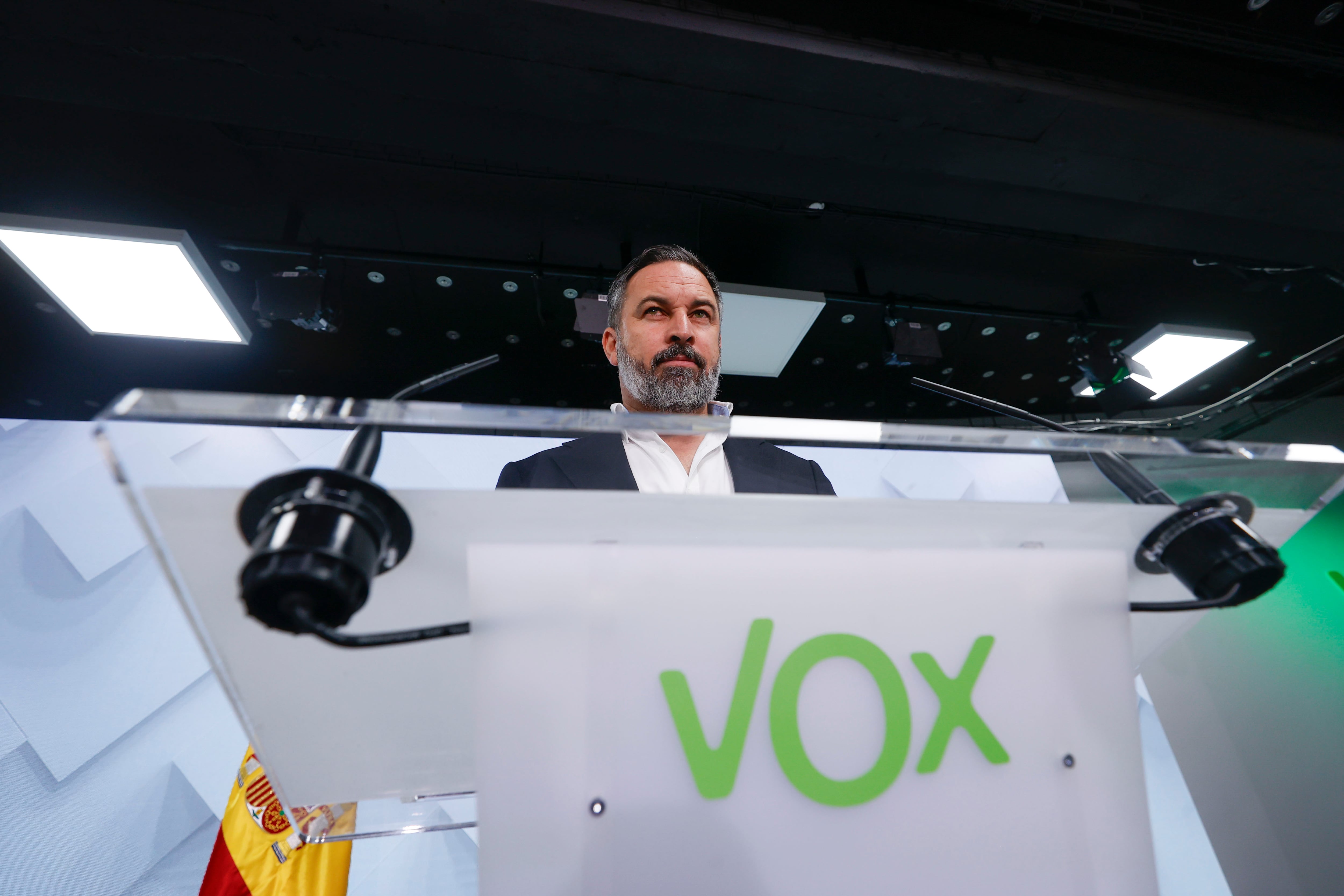 El líder de Vox, Santiago Abascal, en una rueda de prensa