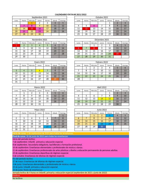 Calendario escolar de Cantabria 2021-2022.