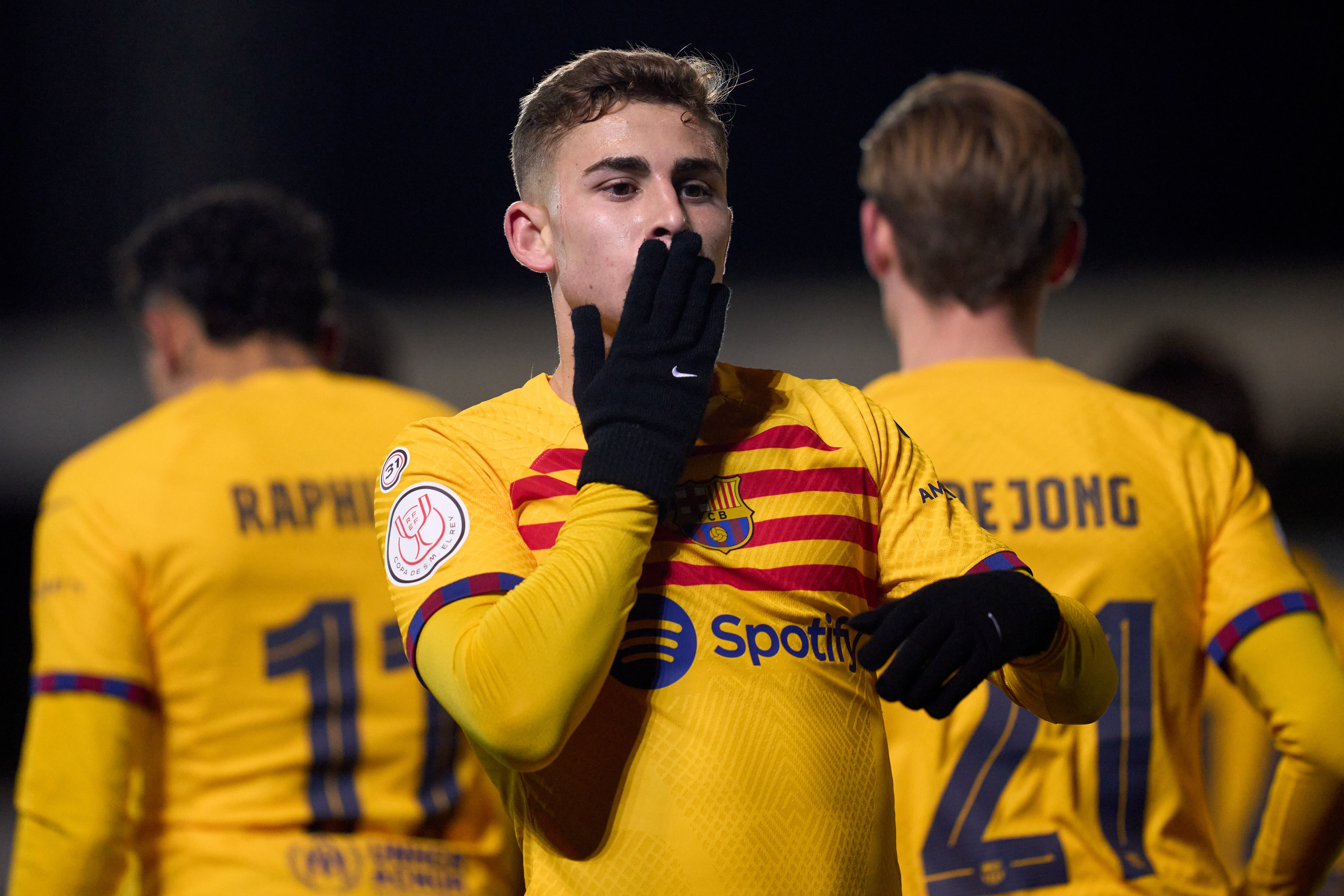 BARBASTRO, SPAIN - JANUARY 07: Fermin Lopez of FC Barcelona celebrates after scoring his team's first goal during the Copa del Rey Round of 32 match between UD Barbastro and FC Barcelona at Campo Municipal de Deportes on January 07, 2024 in Barbastro, Spain. (Photo by Alex Caparros/Getty Images)