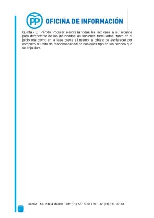 Comunicado del PP sobre la fianza civil de 1,2 millones de euros impuesta al partido como responsable civil subsidiario por su caja b (Página 2/2).