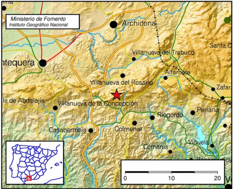 Mapa de situación del terremoto registrado este miércoles en la provincia de Málaga 