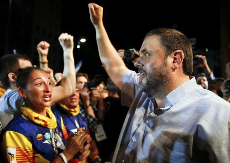 El líder d'Esquerra Republicana, Oriol Junqueras, celebra els resultats de Junts pel Sí