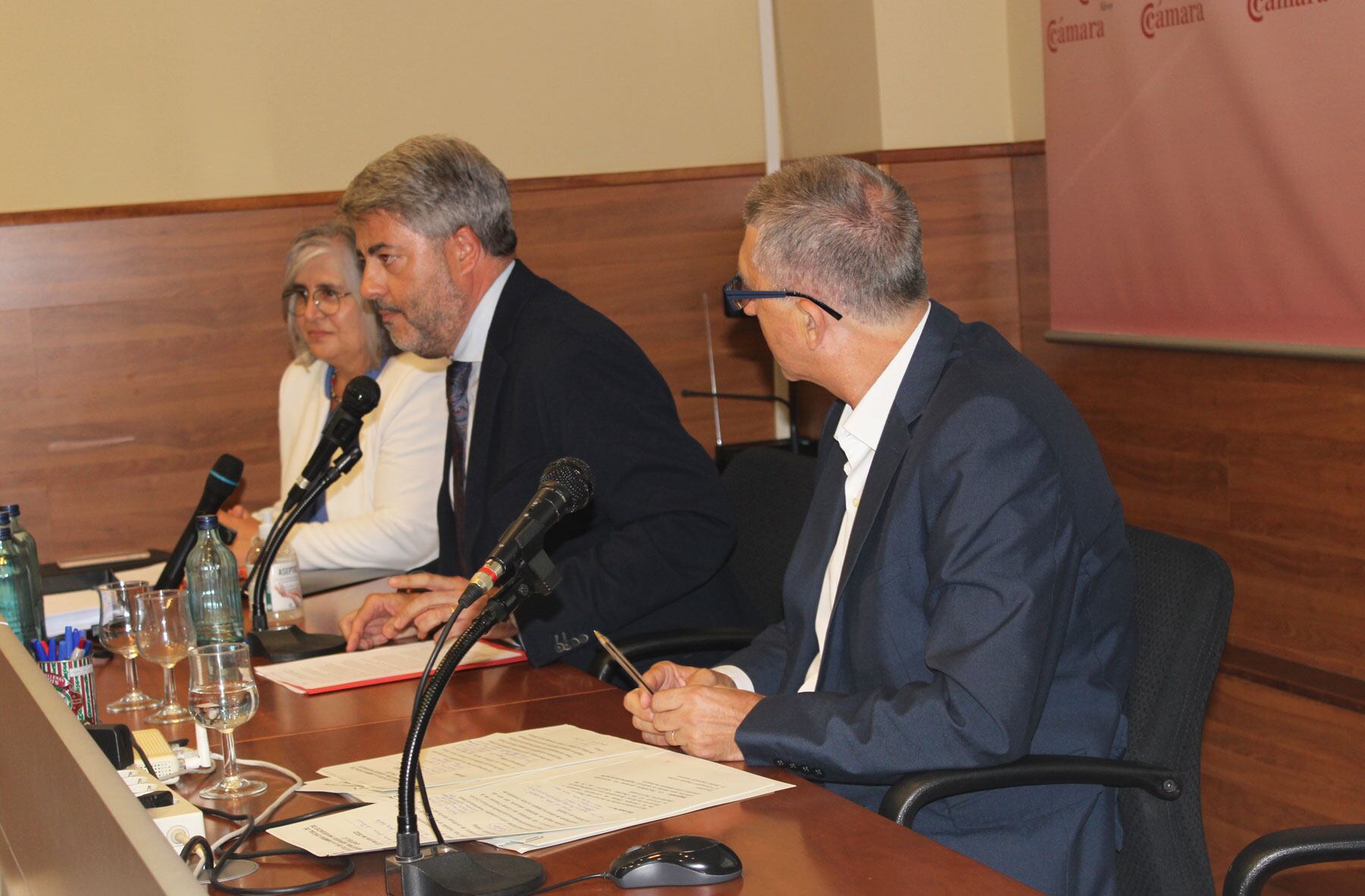 Pablo de Gracia, durante su intervención, flanqueado por la secretaria de la Cámara, Ana Moltó, y por el conseller de Economía, Rafa Climent