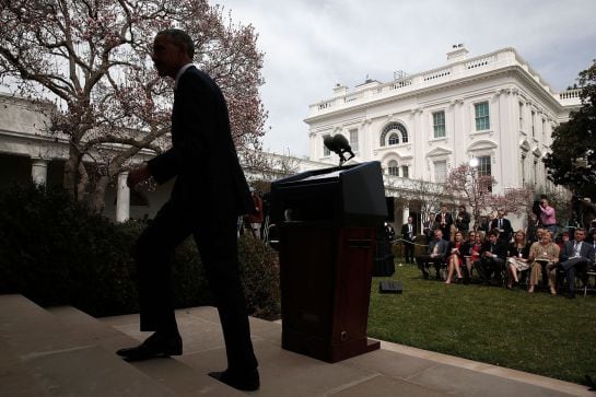 WASHINGTON, DC - APRIL 02: U.S. President Barack Obama leaves the Rose Garder after delivering remarks on negotiations with Iran over their nuclear program on April 2, 2015 in Washington, DC. In exchange for Iran&#039;s agreement to curb their country&#039;s nuclea