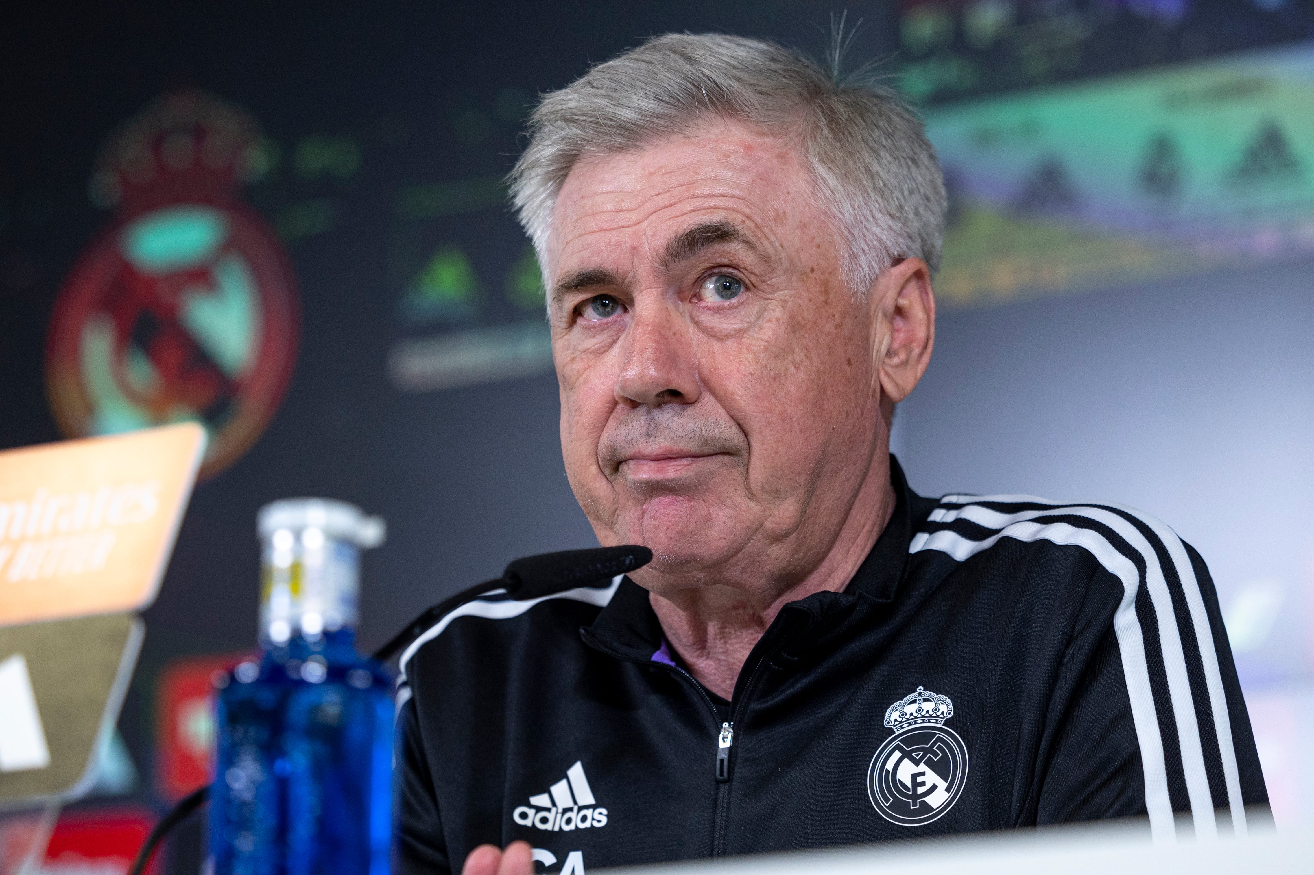 El entrenador del Real Madrid, Carlo Ancelotti, ofrece una rueda de prensa tras el entrenamiento del equipo en la Ciudad Deportiva de Valdebebas.