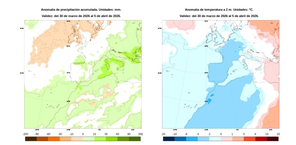 Mapas de anomalías de la Agencia Estatal de Meteorología del 30 de marzo al 5 de abril.