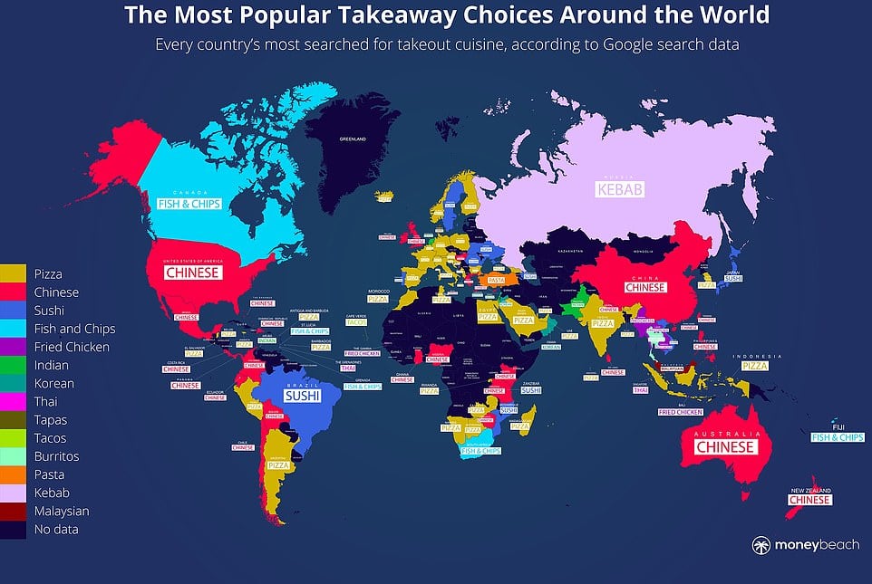 El mapa mundial de la comida a domicilio.