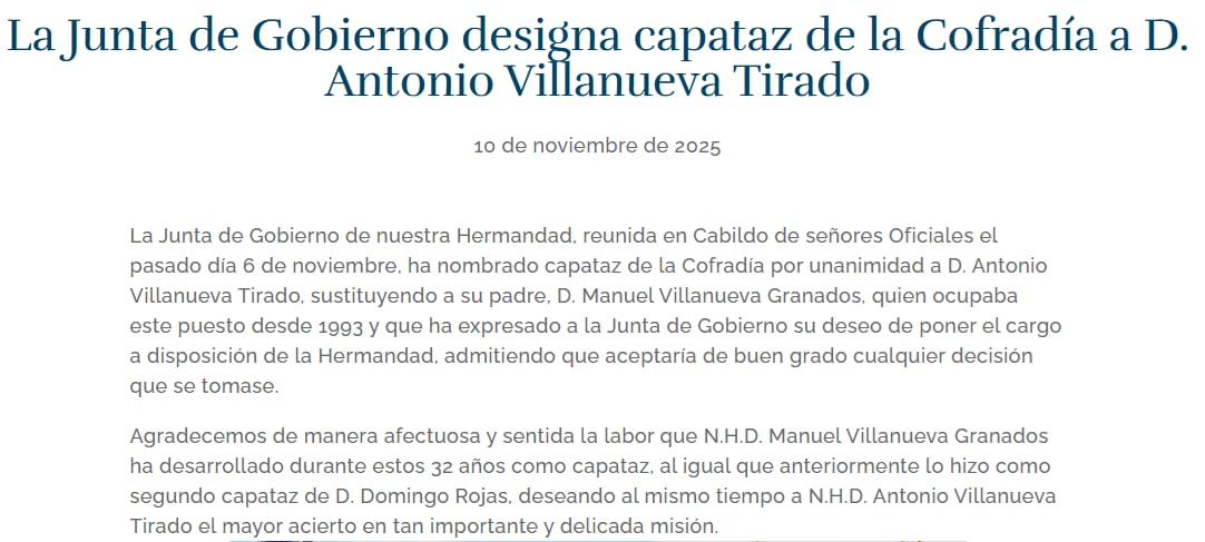 Pantallazo de la web de Santa Marta anunciando de manera oficial el cambio de capataz