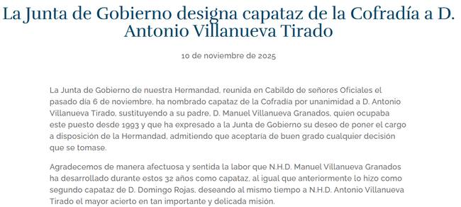 Pantallazo de la web de Santa Marta anunciando de manera oficial el cambio de capataz