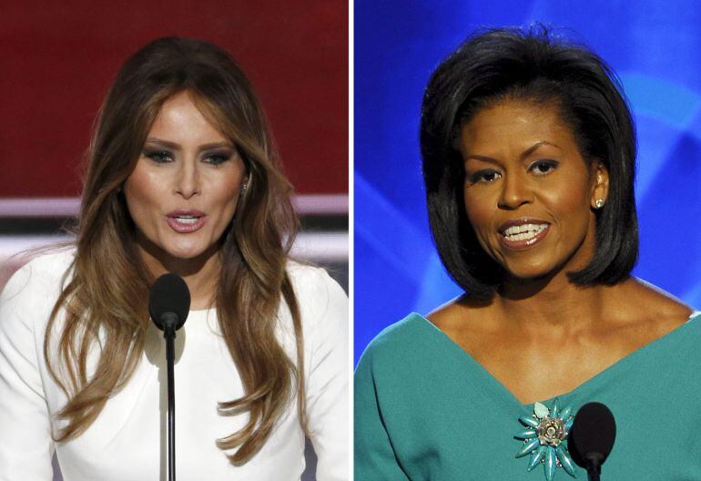 Combo fotográfico que muestra a la esposa de Donald Trump, Melania Trump (i), y a la primera dama estadounidense, Michelle Obama, durante sus discursos en en el pleno de la Convención Nacional Republicana en Cleveland (EEUU) el 18 de julio de 2016, y en l