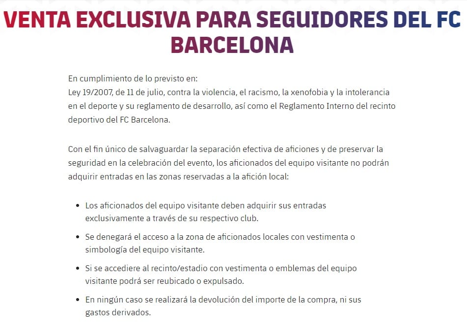 El Barça explica la prohibición de la venta de entradas a aficionados visitantes en su web