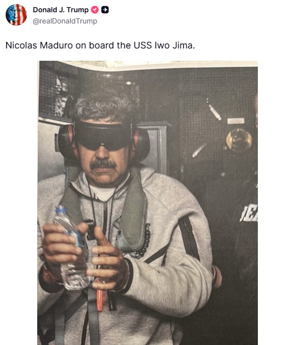 Captura mensaje en Truth Social de Donald Trump con la foto de Nicolás Maduro tras ser detenido