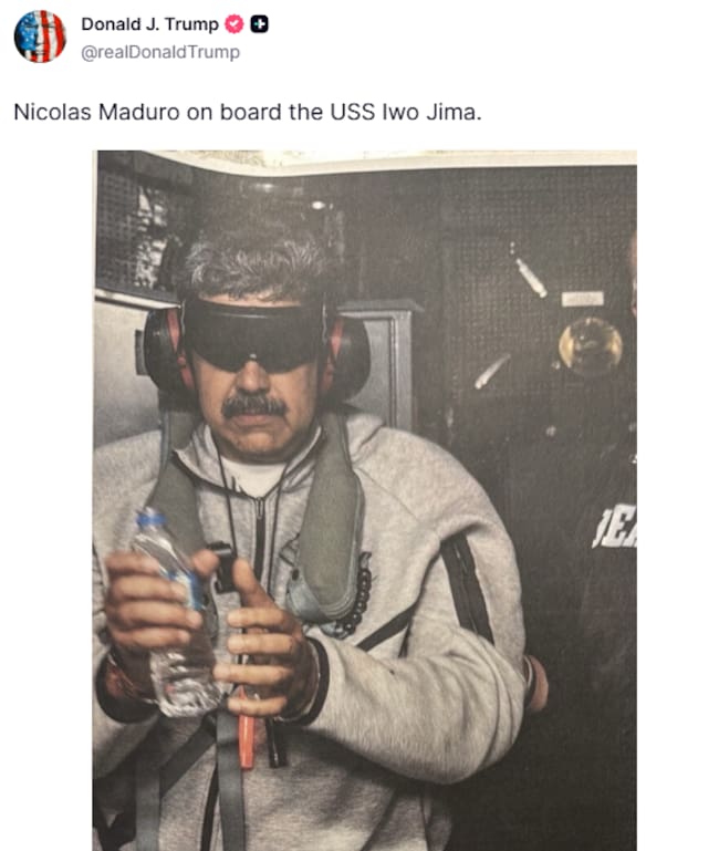 Captura mensaje en Truth Social de Donald Trump con la foto de Nicolás Maduro tras ser detenido