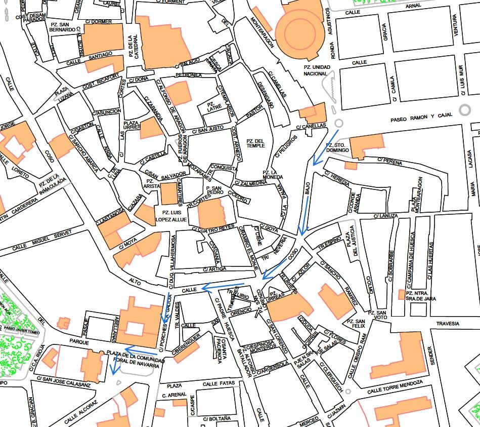 Recorrido de la cabalgata de carnaval en Huesca