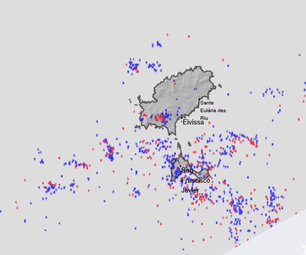 Mapa de rayos sobre las Pitiusas esta madrugada