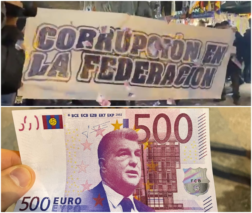 En la parte superior de la imagen, la pancarta de &quot;corrupción en la Federación&quot;; abajo, un billete falso de 500 con la cara de Laporta.