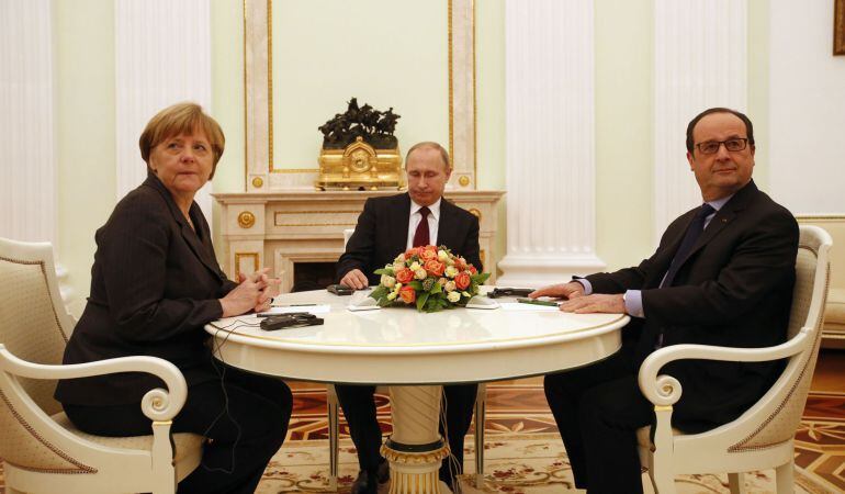 Angela Merkel, Francois Hollande y Vladimir Putin.