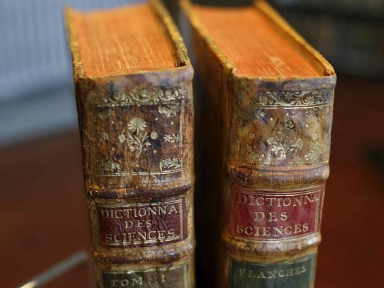 Dos de los 28 tomos de la primera edición de la Enciclopedia francesa que la Real Academia Española (RAE) compró en París en el último tercio del XVIII.