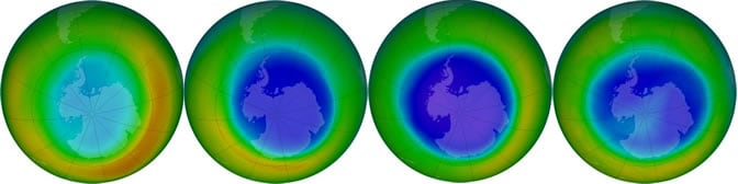 De izquierda a derecha, los gráficos correspondientes a los meses de septiembre de 1980, 1990, 2000 y 2014. Los colores muestran la media mensual de ozono sobre el polo sur. Los colores azul y violeta indican donde hay menos ozono y los amarillos y rojos,
