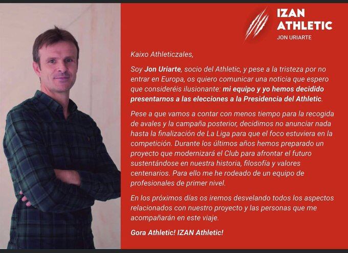 Jon Uriarte anuncia que será candidato a la presidencia del Athletic