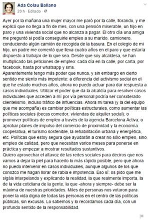 El mensaje publicado en la cuenta de Facebook de Ada Colau