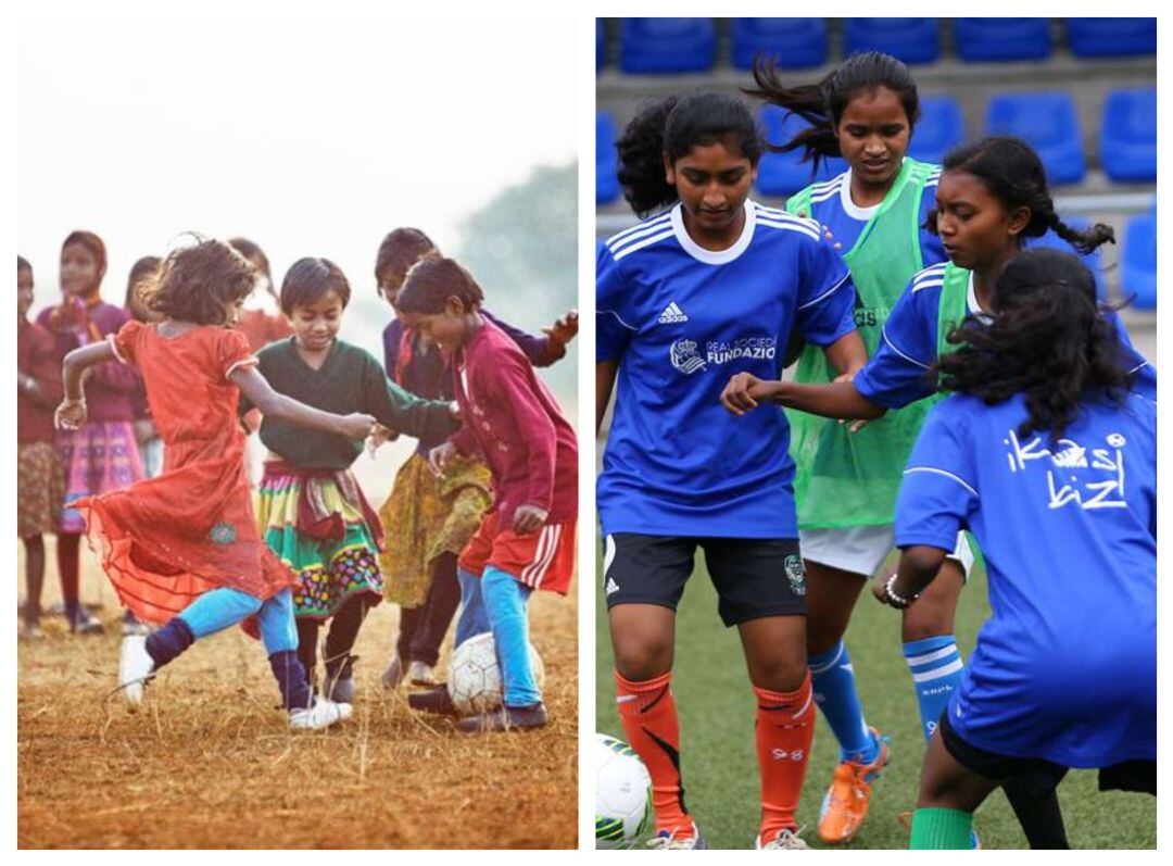 En una imagen niñas jugando al futbol en India y en la otra en las instalaciones de la Real Sociedad en Zubieta