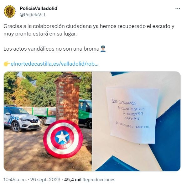 La Policía de Valladolid recupera el escudo del Capitán América