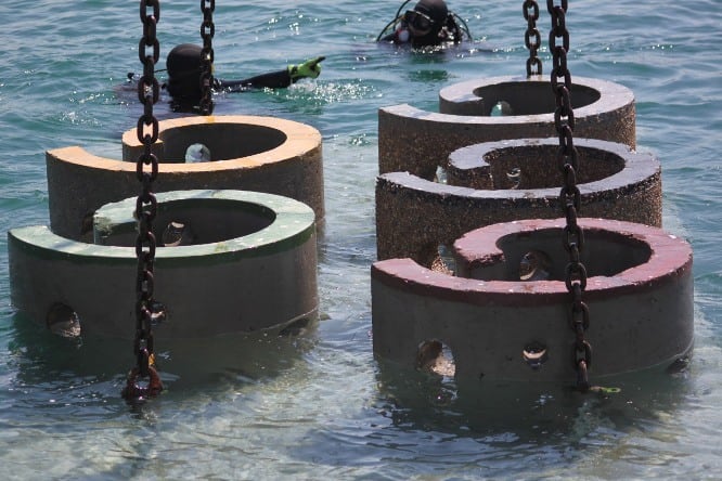 Imagen de la inmesión de las piezas del arrecife artificial de Valencia instaladas en la playa de la Malvarrosa en 2015